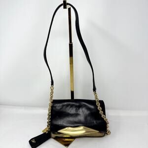 Vintage DVF Black Leather Gold Lips Chain Crossbody Bag Y2K Rare